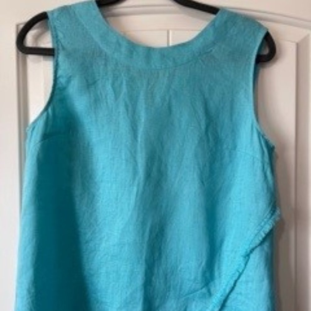 DKNY Blue-Green/Teal Sleeveless Top with assymetrical fringe hem - Small